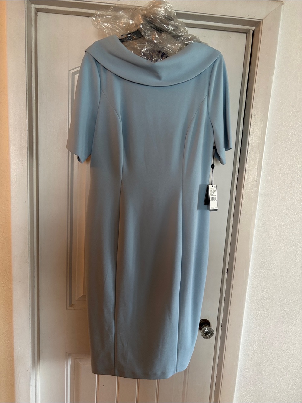 Adrianna Papell Light Blue Midi Dress with Draped Collar